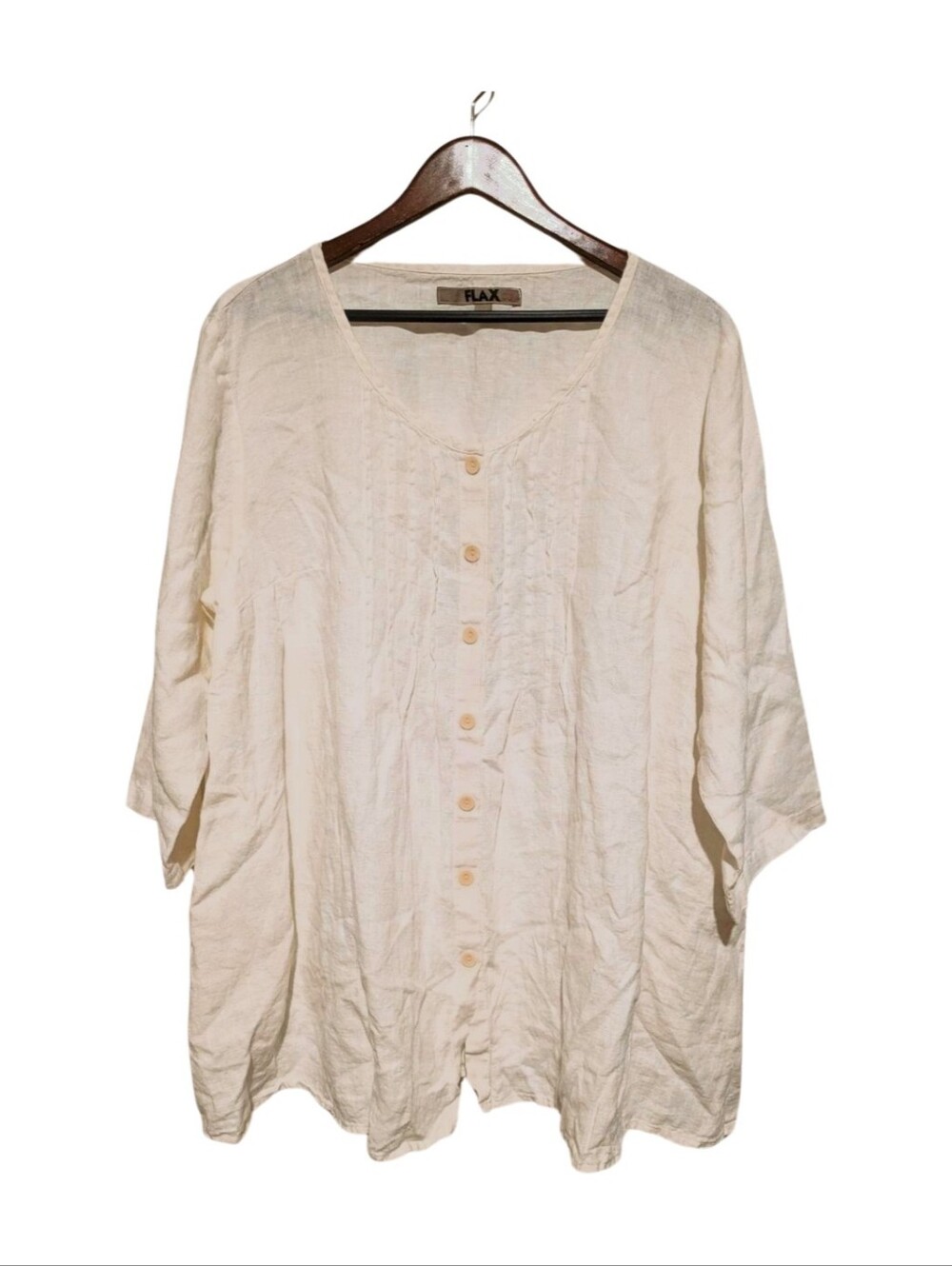 FLAX Linen L Button Up Cream  Smock Top Pockets 3/4 Sleeve Scoop Neck
